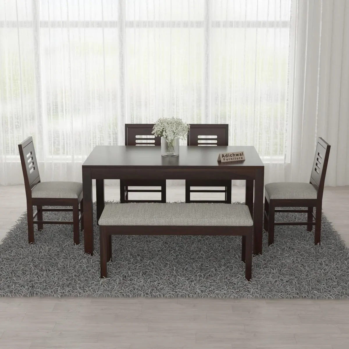Adichwal Furniture Sheesham Wood 4 Chair with 1 Bench Dining Table Set with Cushioned Chairs for Dining Room Modern Dining Room Designs Desk and Decor 