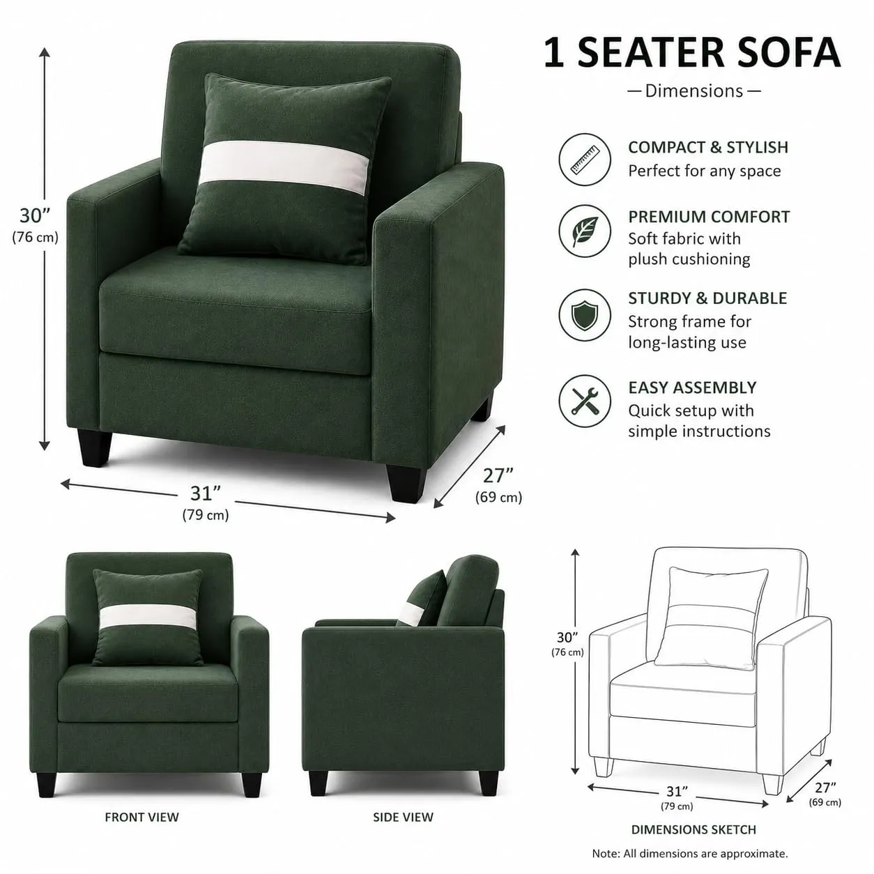 Furniture 1 Seater Fabric Sofa for Living Room Furniture 1 Seater Sofas Desk and Decor 