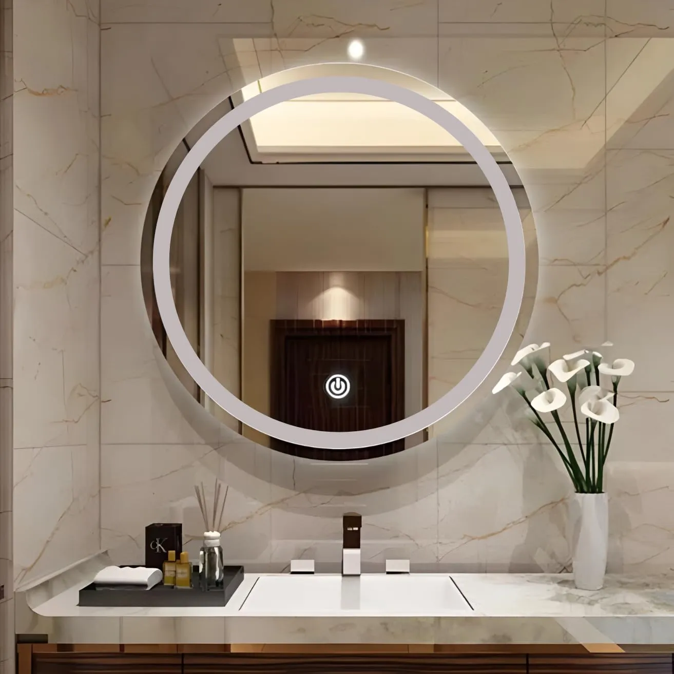 Wall Mounted Framed Round Mirror with Light 24 Inch X 24 Inch LED Mirrors Desk and Decor 