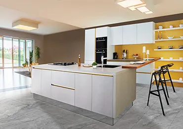 Modern Wooden Modular Kitchen with Black Countertop & Island Modular Kitchen Desk and Decor 