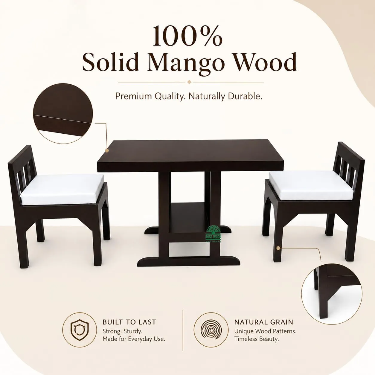 National Solid Mango Wood 2 Seater Dining Table Set with Cushioned Chairs 2 Seater Dining Tables Desk and Decor 