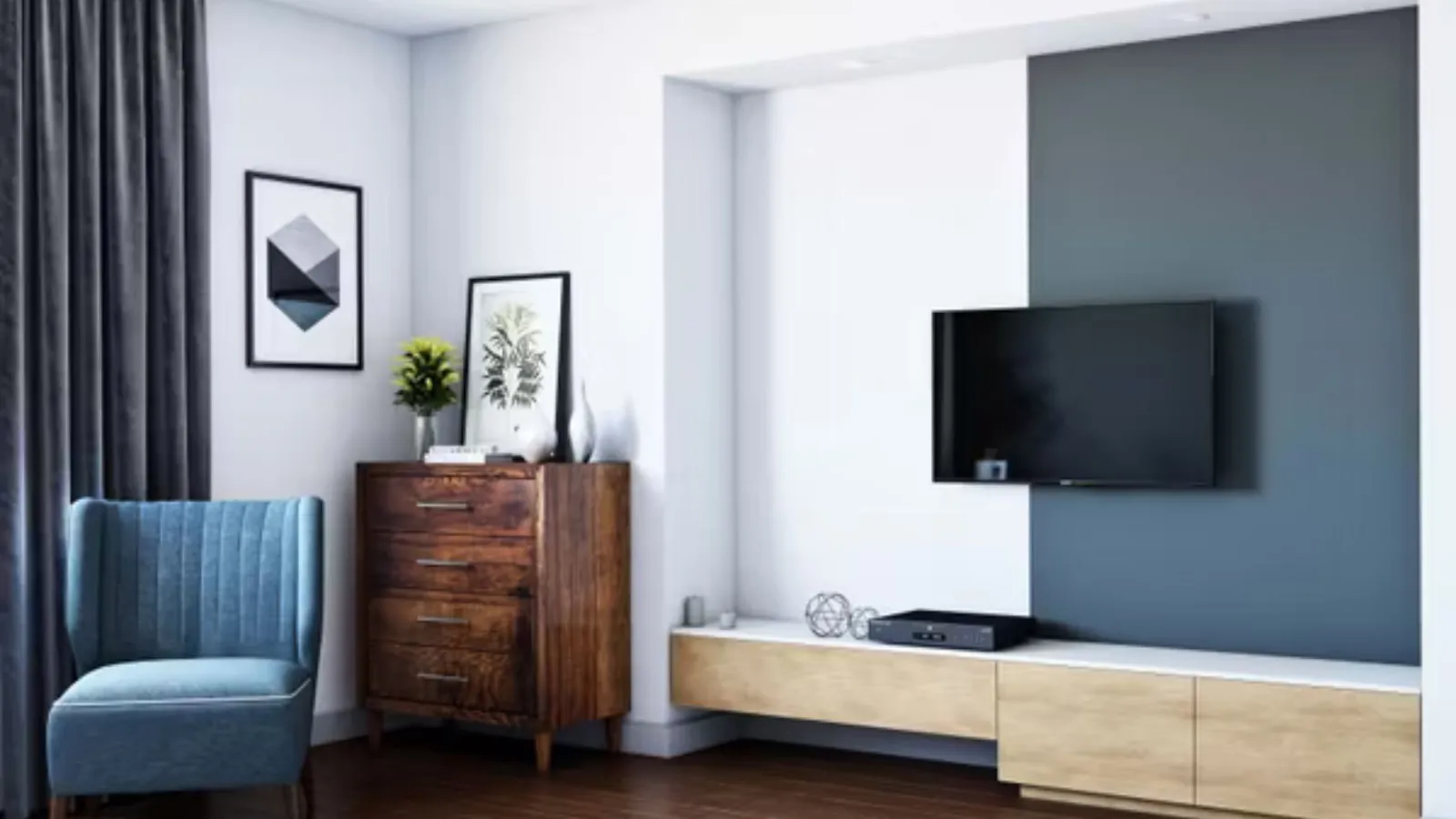 Wall-Mounted TV Unit with Wooden Slat Panel & Storage Drawer TV Unit Focused Design Desk and Decor 