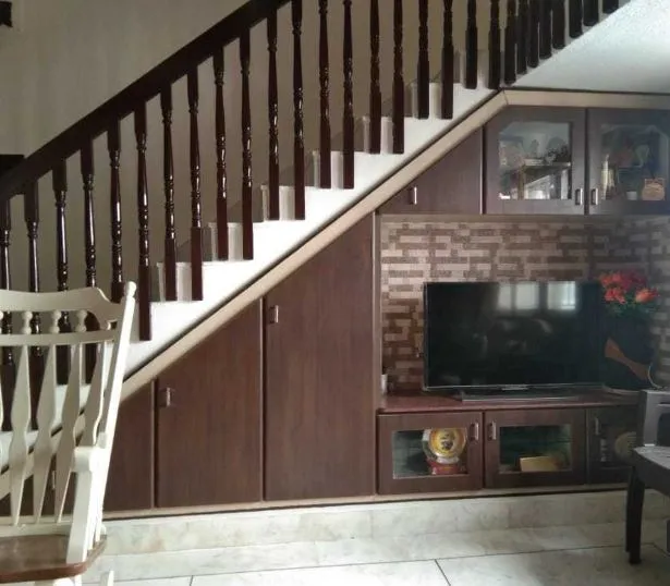 Under-Stair Storage Unit with Integrated TV Console Modern Staircase Desk and Decor 