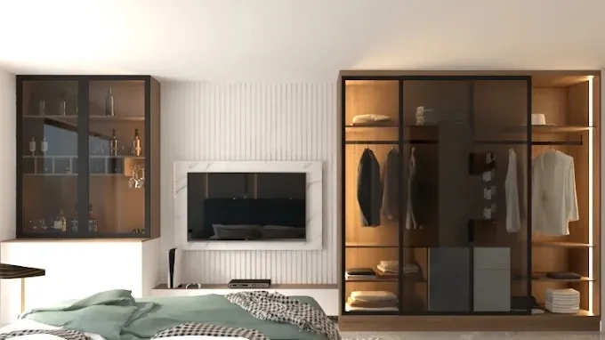 Luxury Master Bedroom with Gold-Trim Panel Headboard & Marble Backdrop Modern Bedroom Desk and Decor 