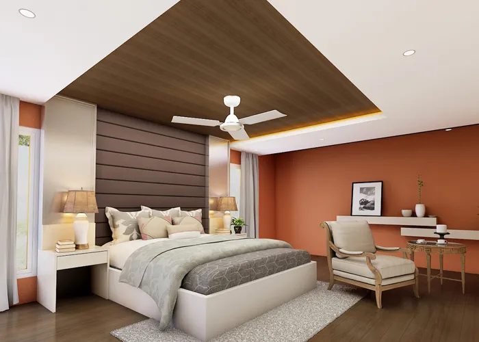 Elegant Master Bedroom with Tufted Headboard & Layered False Ceiling Modern Bedroom Desk and Decor 