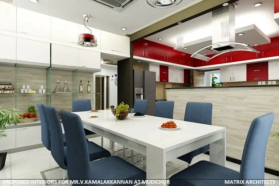 Open-Plan Dining Area with Bold Red Modular Kitchen Backdrop Open Dining with Living Desk and Decor 
