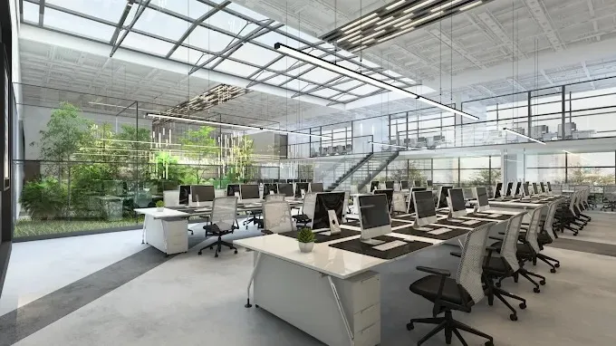 Large Corporate Open Office with Purple-Accent Workstations Corporate Office Layouts Desk and Decor 