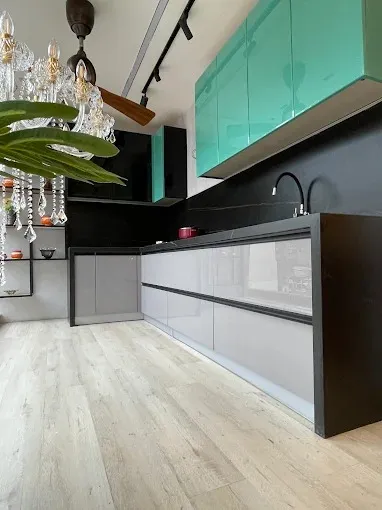 Modern Kitchen with Turquoise Glossy Overhead Cabinets Modular Kitchen Desk and Decor 
