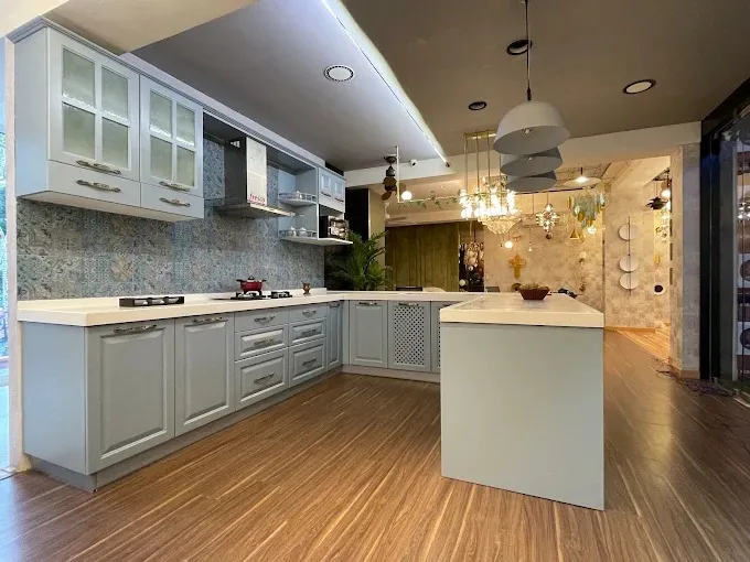 Modern Kitchen with Turquoise Glossy Overhead Cabinets Modular Kitchen Desk and Decor 