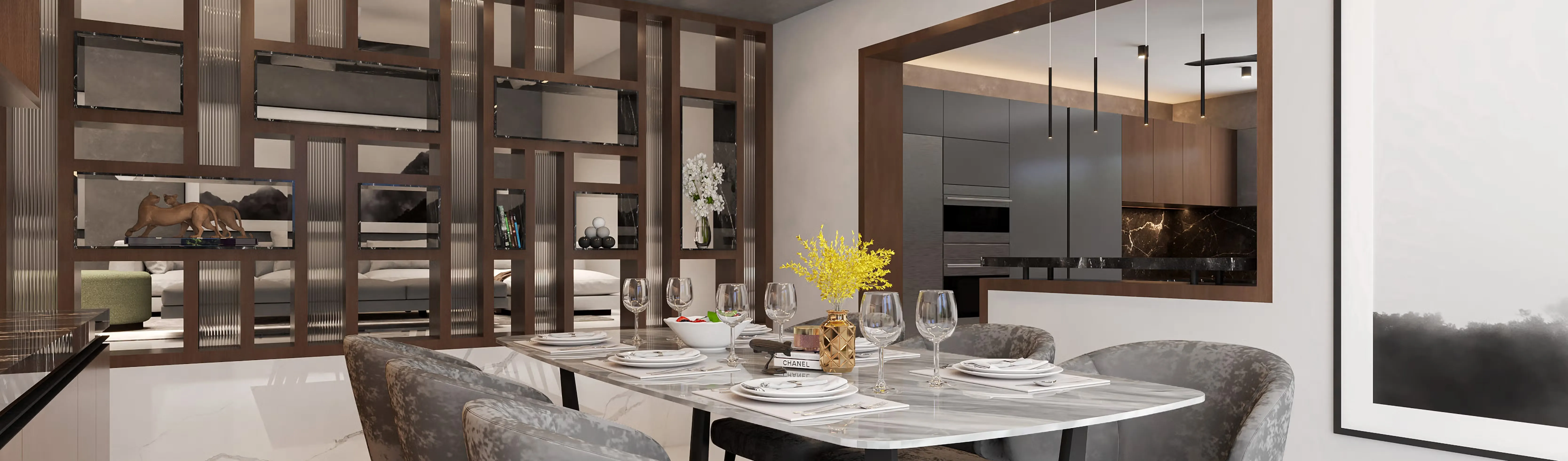 Contemporary Dining Set with Marble Table & Wooden Room Divider Partition Modern Dining Room Designs Desk and Decor 