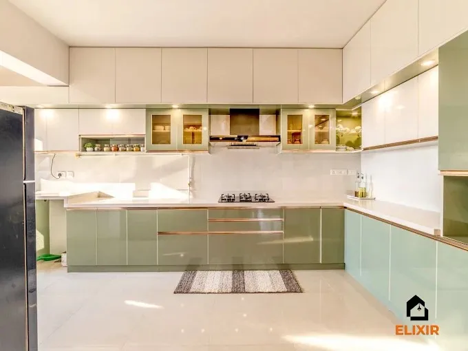 Sage-Green Modular Kitchen with Gold Trim Modular Kitchen Desk and Decor 