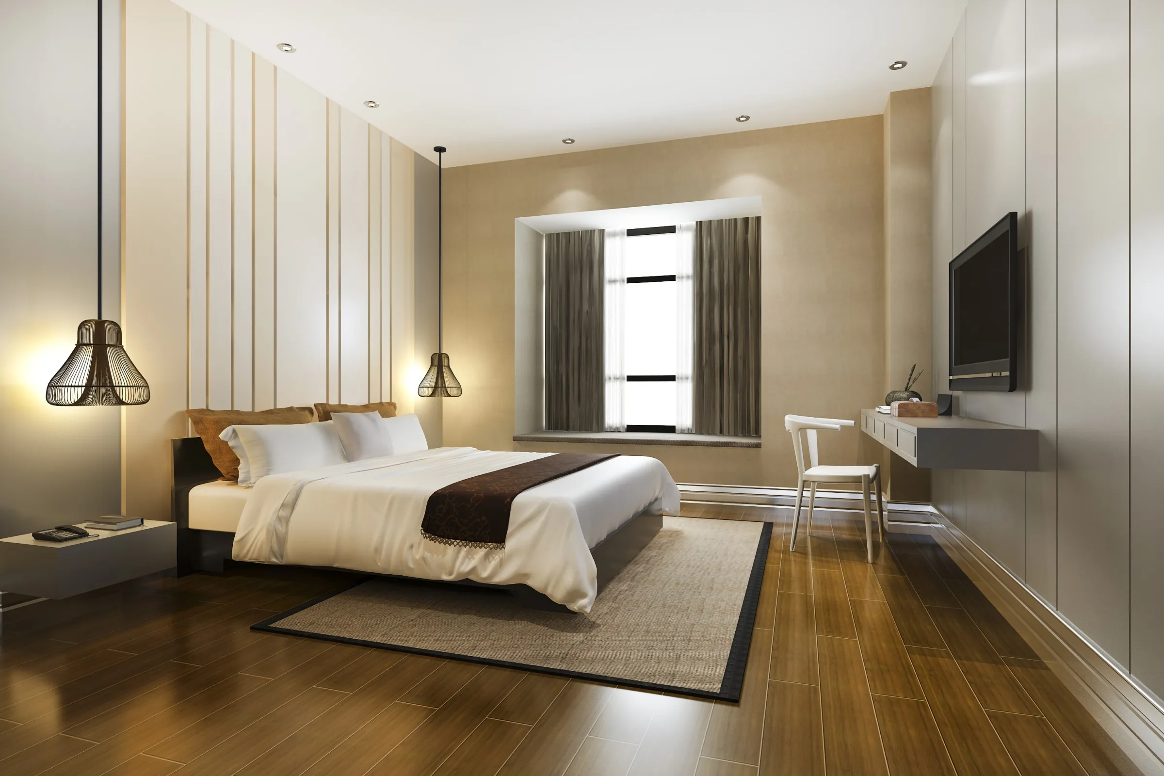 Hotel-Style Master Bedroom with Fluted Wood Panel Wall Wooden Classic Bedroom Desk and Decor 