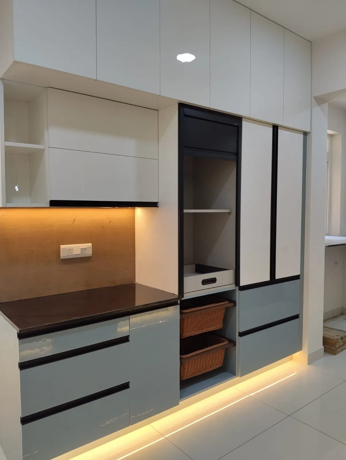 Modern Functional Kitchen Tall Pantry Unit with Integrated Roller Shutter and Ambient Under-Cabinet Lighting Pantry Units Desk and Decor 