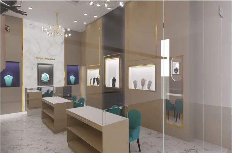 Jewelry Showroom Display Wall with Sculptural Feature & Backlit Niches Premium Showcase Units Desk and Decor 
