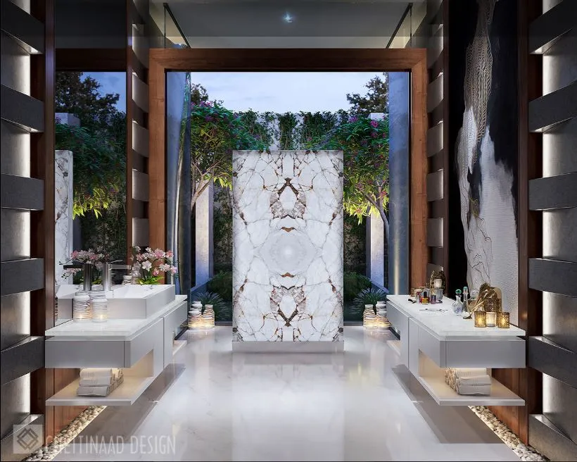 Luxury Powder Room with Marble Feature Panel & Garden View Modern Bathroom Designs Desk and Decor 