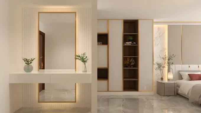Luxury Master Bedroom with Gold-Trim Panel Headboard & Marble Backdrop Modern Bedroom Desk and Decor 