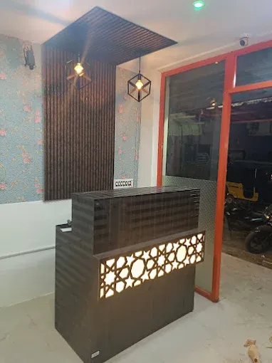 Modern Reception Counter with Decorative Back Panel Reception Area Design Desk and Decor 