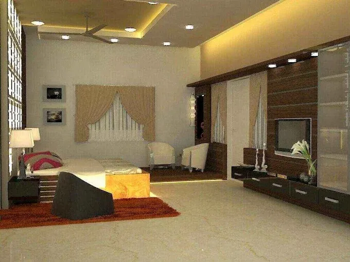 Bedroom with Decorative Floral Ceiling Panel & Wall Art Modern Bedroom Desk and Decor 