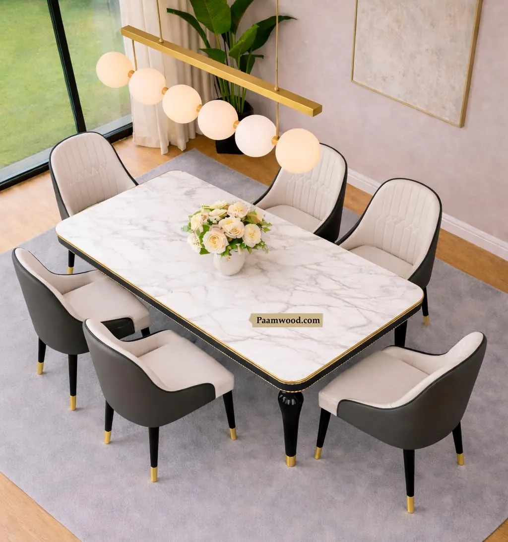 6 Seater Dining Table Set with Nano Composite Marble Top, Solid Wood Base & 6 Upholstered Chairs 4 Seater Dining Tables Desk and Decor 