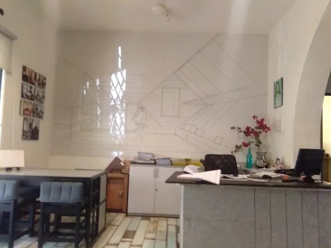 Small Office Room with Sketch Wall Art & Reception Counter Modern Office Designs Desk and Decor 