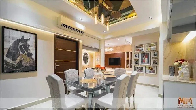 Luxury Dining Room with Mirrored Ceiling Panel & Marble Console Modern Dining Room Designs Desk and Decor 