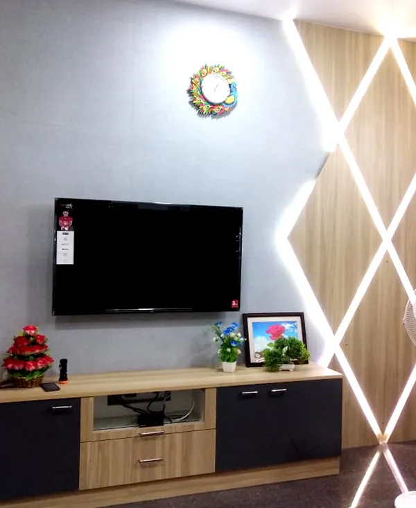 TV Unit with Integrated Pooja/Display Niche TV Unit Focused Design Desk and Decor 