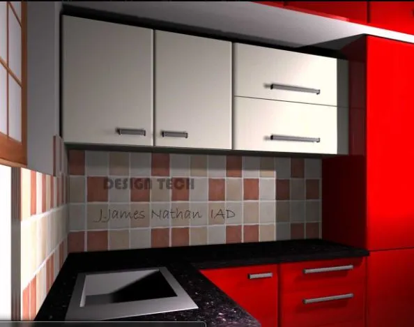 Red & White Modular Kitchen with Patterned Tile Backsplash Modular Kitchen Desk and Decor 
