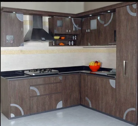 L-Shaped Modular Kitchen with Wood Grain Finish & Circular Accent Design Modular Kitchen Desk and Decor 