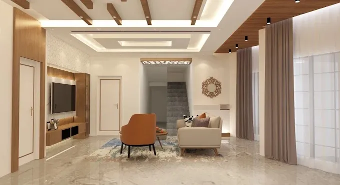 Contemporary Living Room with Coffered Ceiling & Staircase View Modern Living Room Designs Desk and Decor 