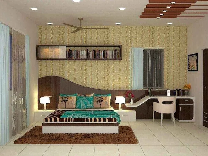 Bedroom with Decorative Floral Ceiling Panel & Wall Art Modern Bedroom Desk and Decor 