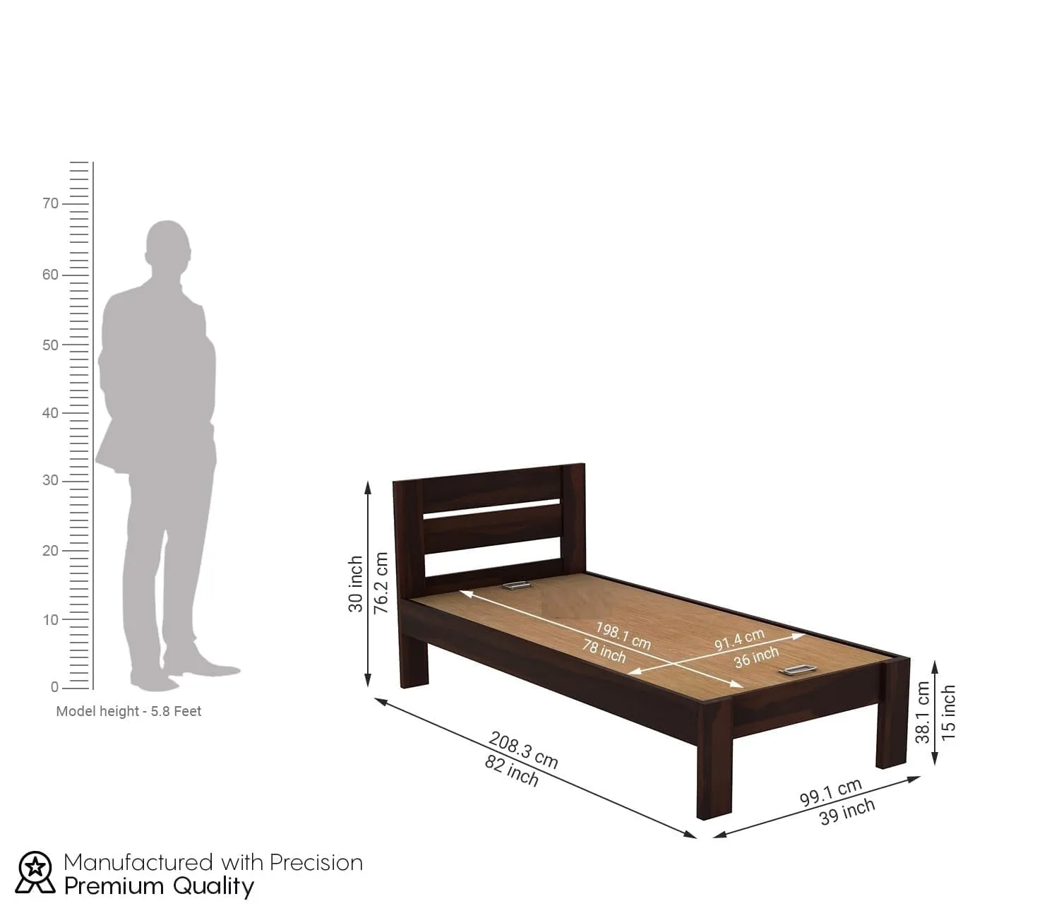 Yung Single Sheesham Wood Bed for Bedroom Single Beds Desk and Decor 