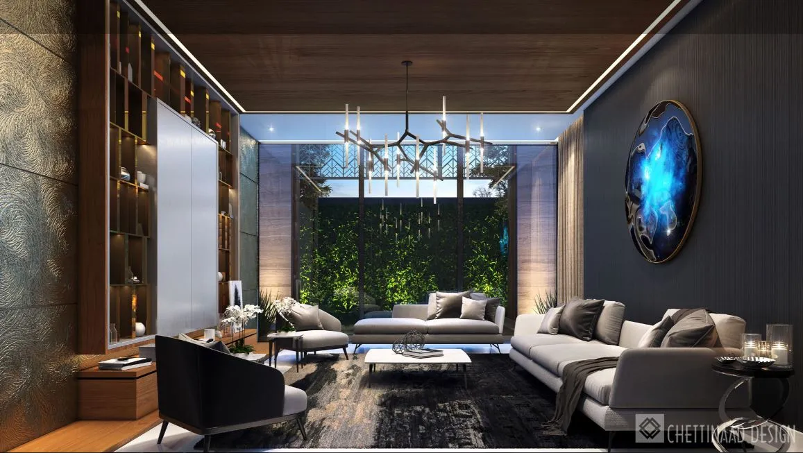 Luxury Living Room with Sculptural Chandelier & Circular Art Piece Modern Living Room Designs Desk and Decor 