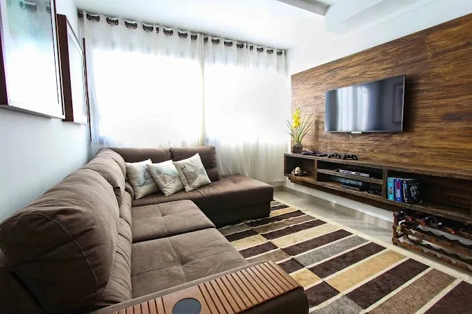L-Shaped Sectional Sofa – Brown Suede Fabric TV Unit Focused Design Desk and Decor 