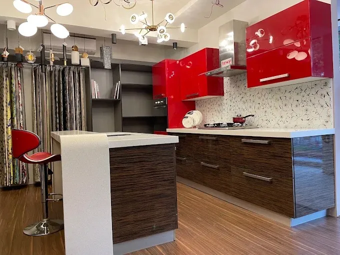 Modern Kitchen with Turquoise Glossy Overhead Cabinets Modular Kitchen Desk and Decor 