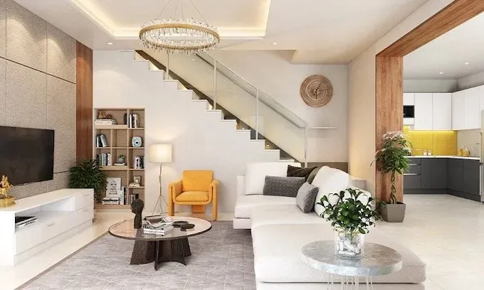 Duplex Living Room Set with White Sectional Sofa & Round Crystal Chandelier Modern Living Room Designs Desk and Decor 