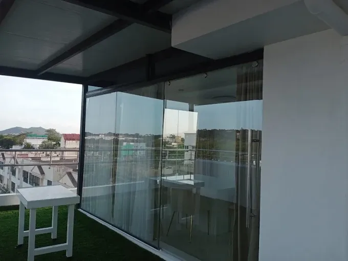 Contemporary Open-Air Balcony Lounge Outdoor Chairs Desk and Decor 