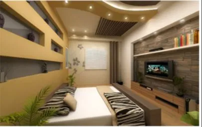 Contemporary Bedroom with Stone-Clad TV Feature Wall and Curved False Ceiling with Modern Bedroom at Deskanddecor