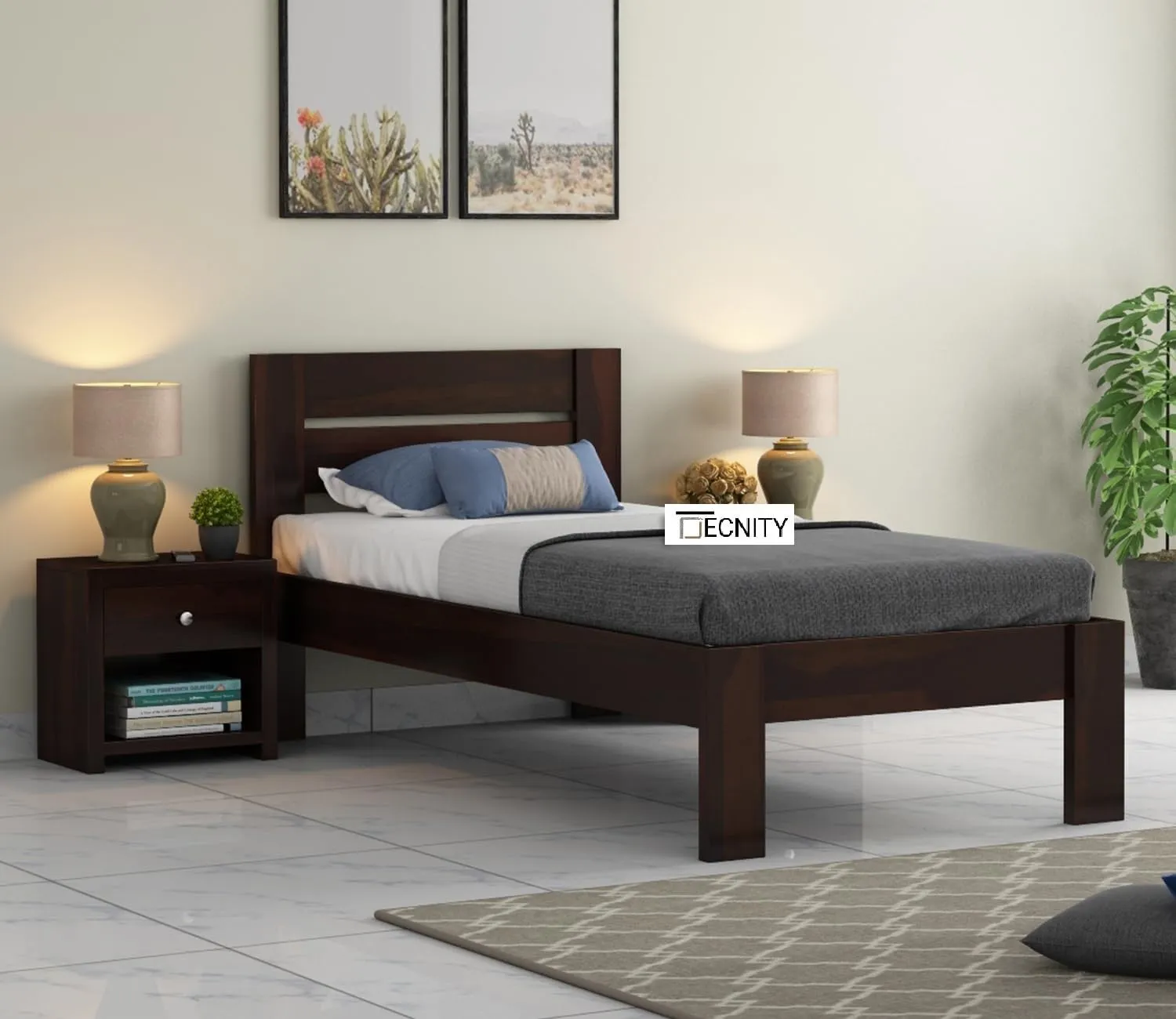 Yung Single Sheesham Wood Bed for Bedroom with Single Beds at Deskanddecor