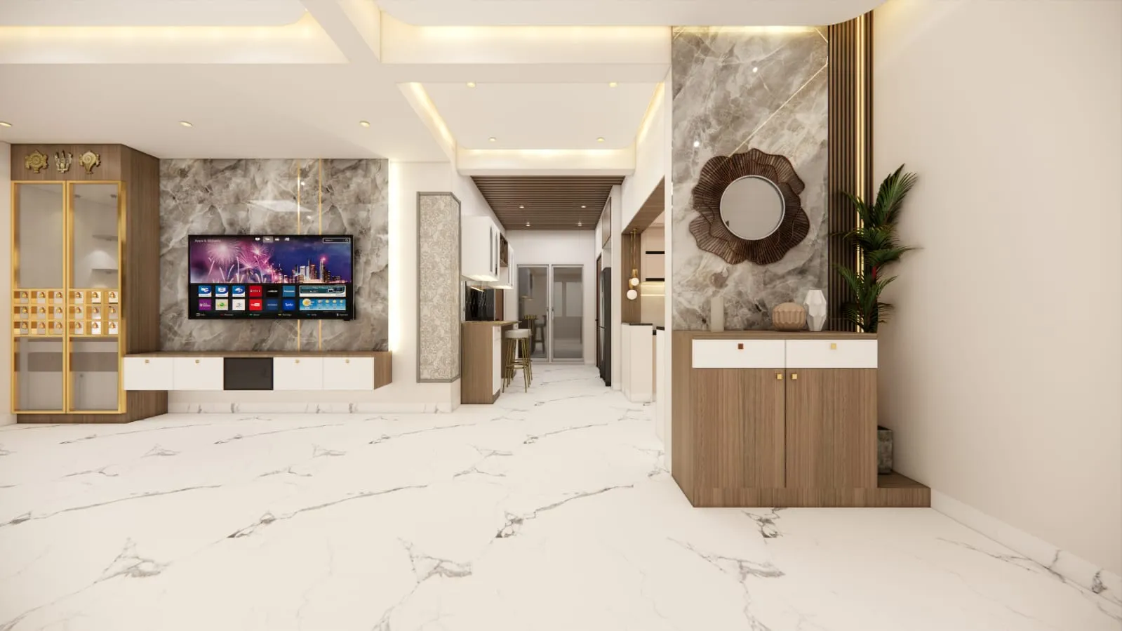 Modern Luxury Living Room Marble-Clad TV Feature Wall with Integrated Entryway Console with Wall Mounted TV Units at Deskanddecor