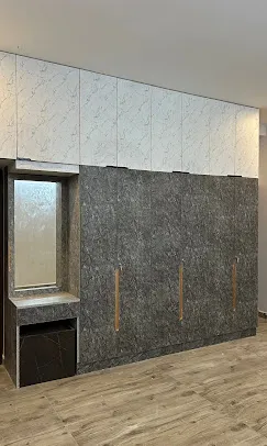 Full-Height Wardrobe with Dresser Unit – Dual Tone (Grey & White Marble Finish) with Mirror Wardrobe at Deskanddecor