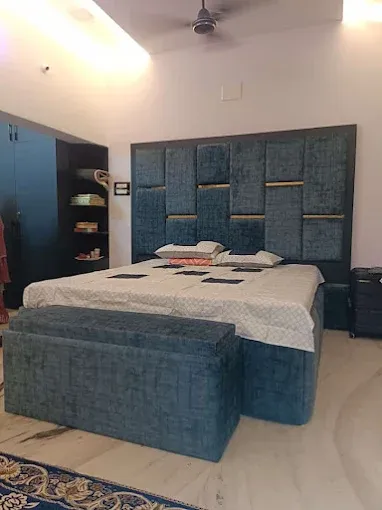 Modern Upholstered Bed with Feature Headboard with Modern Bedroom at Deskanddecor