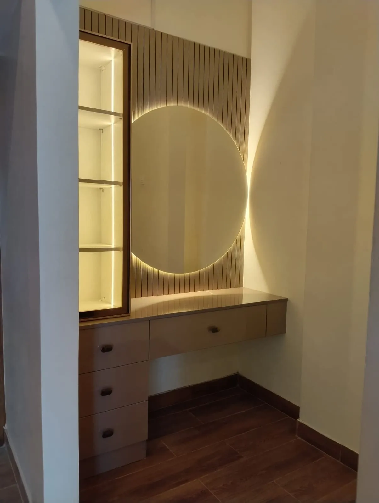 "Modern Minimalist: Floating Vanity with Fluted Backlit Accents" with Dressing Tables at Deskanddecor