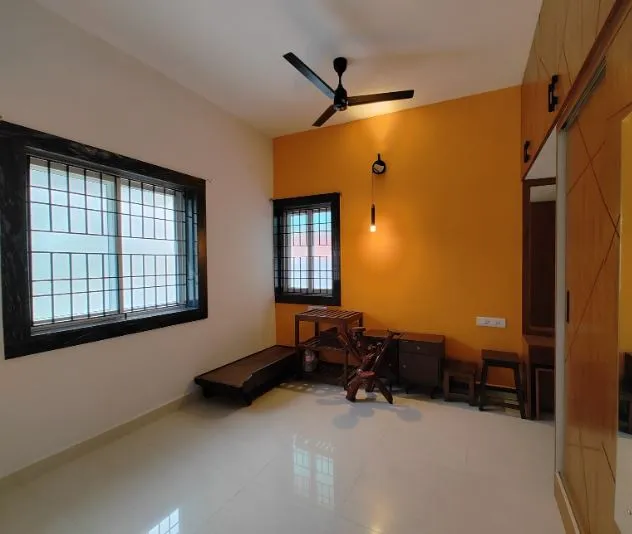 Mustard Accent Wall Study/Bedroom with Sliding Wardrobe with Study Room / Bedroom at Deskanddecor