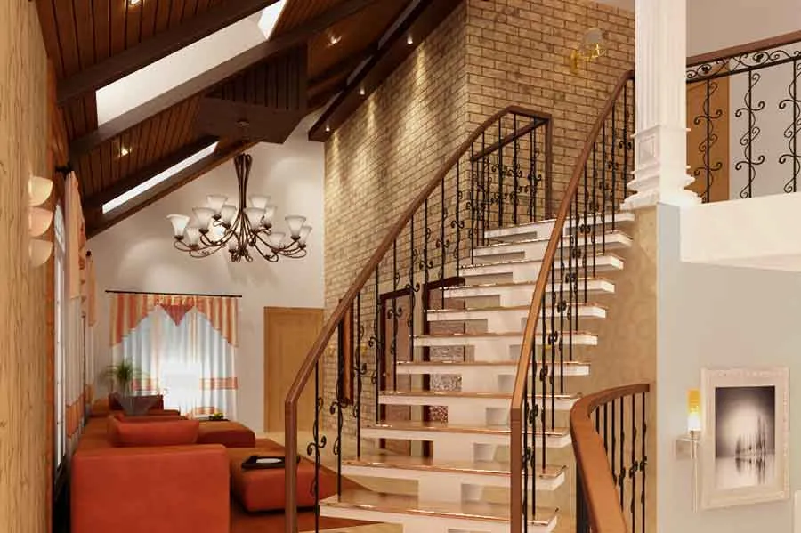 Grand Curved Staircase with Vaulted Wooden Ceiling with Staircase Design at Deskanddecor