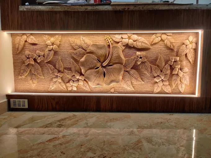 3D Carved Wooden Floral Wall Panel with Backlit LED Border with Wall Paneling at Deskanddecor