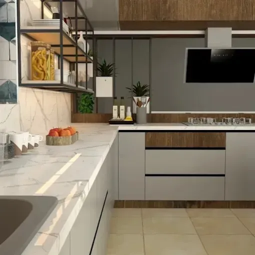 Modern L-Shaped Kitchen with Open Metal Shelving with Modular Kitchen at Deskanddecor