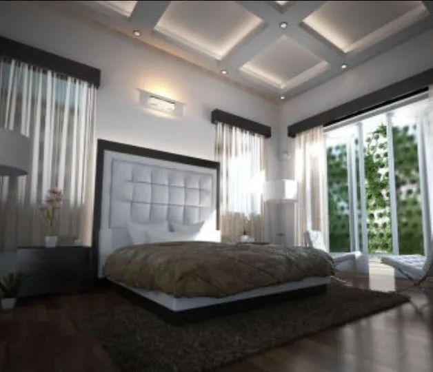 Bedroom with Coffered Ceiling & Garden View with Modern Bedroom at Deskanddecor