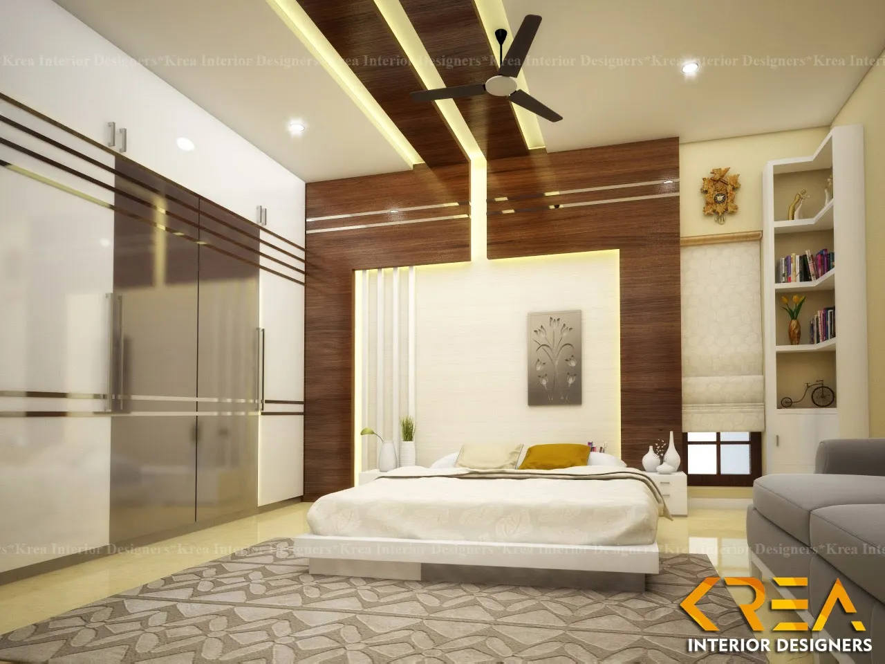 Luxury Master Bedroom with Wooden Panel Headboard & False Ceiling with Modern Bedroom at Deskanddecor
