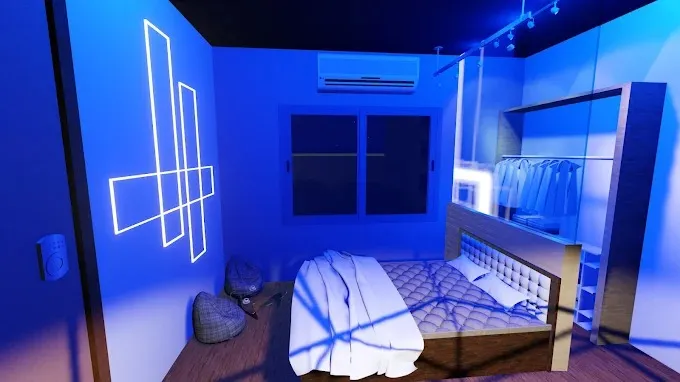 Futuristic Bedroom with Neon Wall Art & Blue Ambient Lighting with Modern Bedroom at Deskanddecor