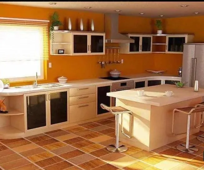 "L-Shaped Modular Kitchen with Center Island – Orange Accent Wall" with Modular Kitchen at Deskanddecor